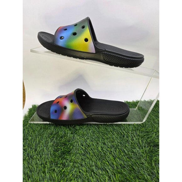 Crocs Classic Slide Sandals Size Black With Rainbow Design Mens sz 6 Womens sz 8 - Picture 2 of 5